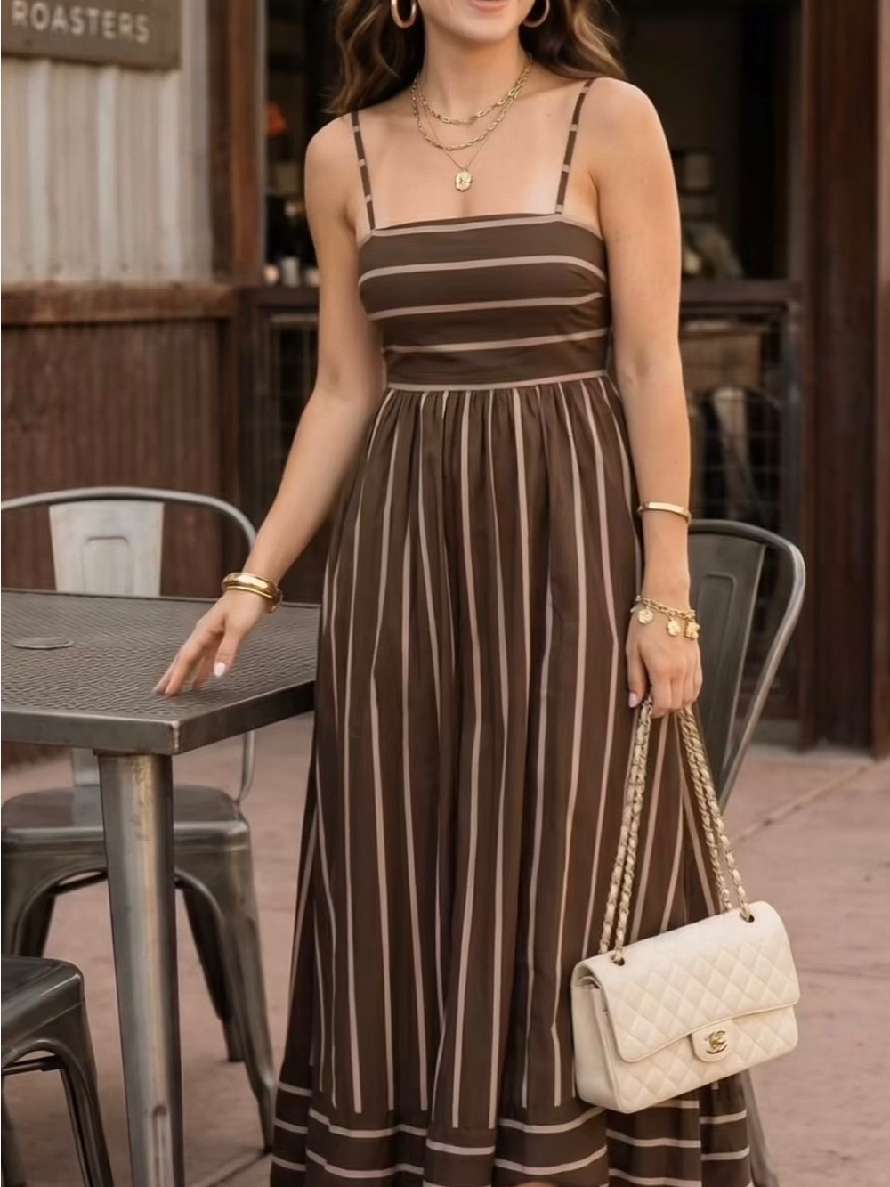 Striped Brown Midi Dress with Spaghetti Straps XL